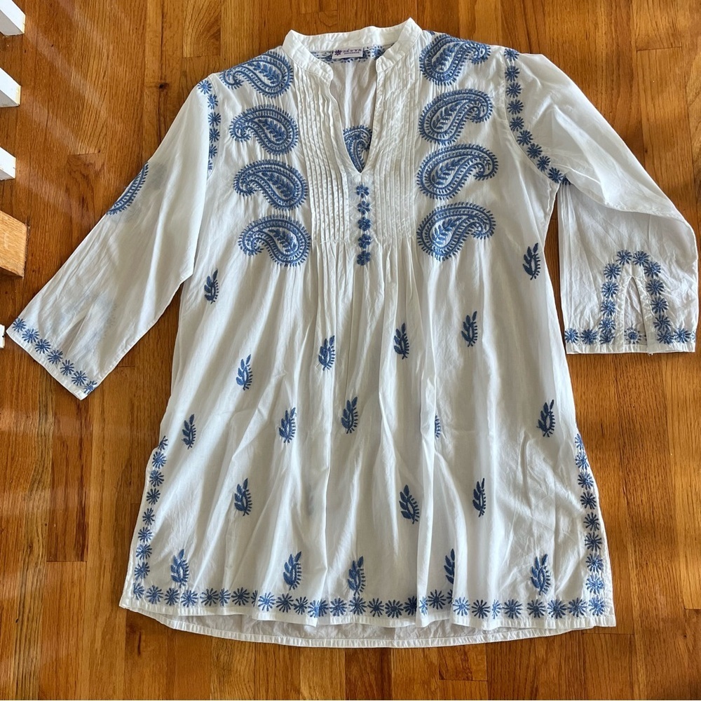Sévya Women's Cotton White and Blue Hand Embroidered 3/4 Sleeve Tunic Top Size L